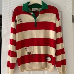 Gucci embroidered stripped cotton polo sweater size M